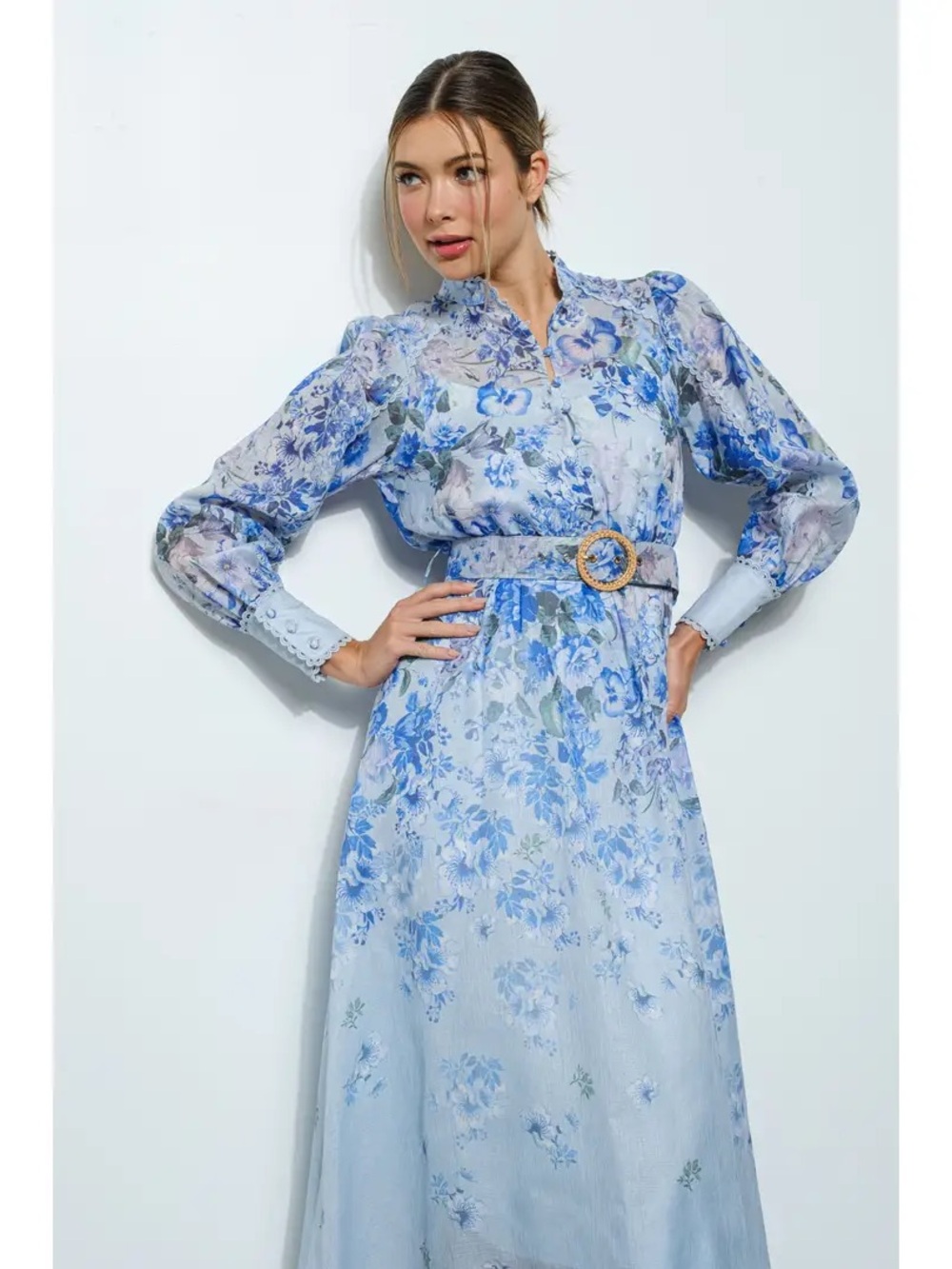 Ina Light Blue Floral Long Sleeve Maxi Dress with Belt